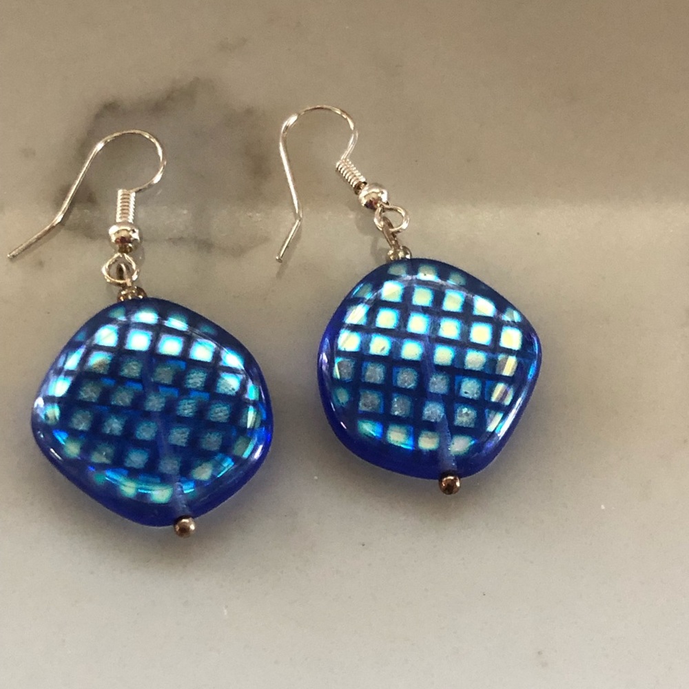 blue iridescent glass bead earrings